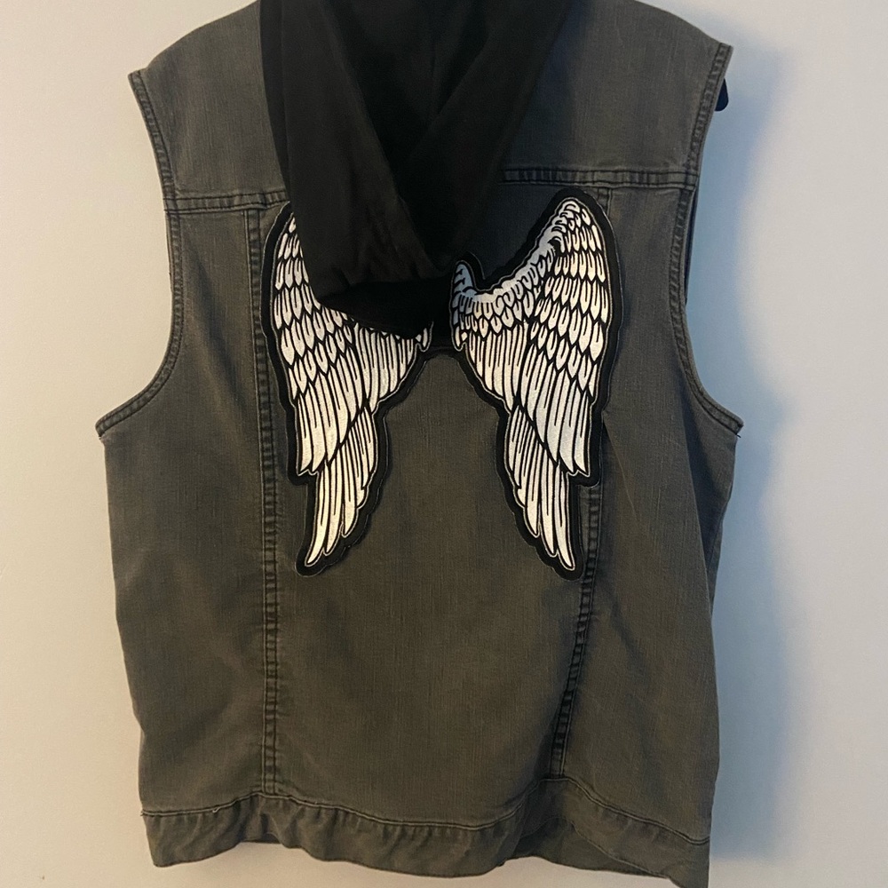 Angel Wing Denim Vest with Black Hood